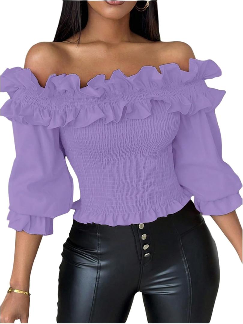 Floerns Women's Ruffle Trim Off Shoulder Flounce Sleeve Shirred Blouse Top (Violet Purple), Size: Larg