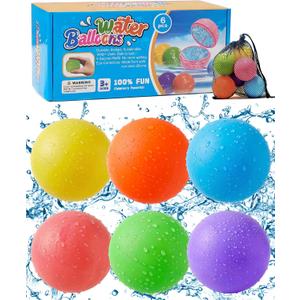 Reusable Water Balloons 6 Pcs, Quick-Fill Summer Water Toys for Pool Parties & Outdoor Beach Backyard Games, Durable Splash Balls for Kids