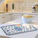 Dish Drying Mat Kitchen Counter Absorbent Blue and White Pattern Coffee Sink Mat Dish Drainer Pad 18 Inch x 24 Inch