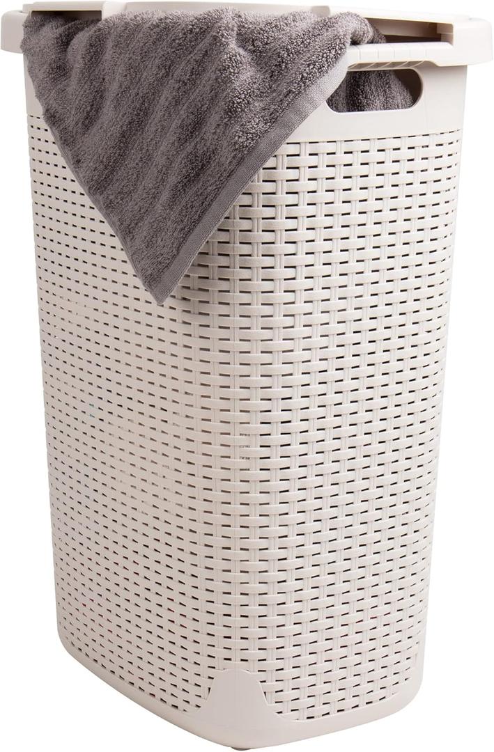 Mind Reader 60L Slim Laundry Hamper, Clothes Basket, Lid, Wicker Design, Plastic, 17.65"L x 13.75"W x 24.15"H, Ivory