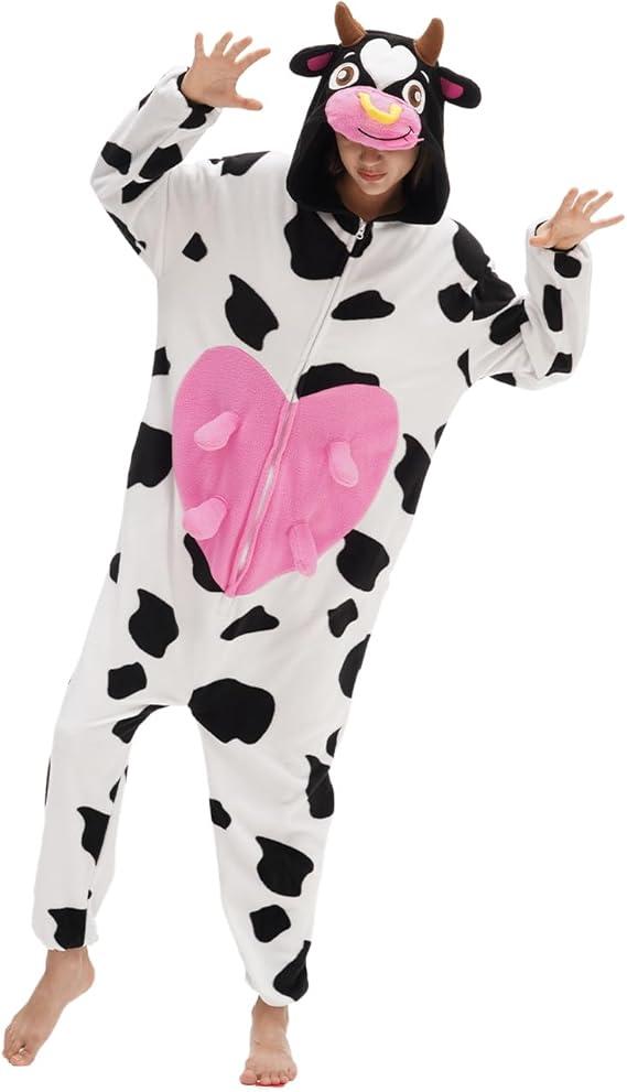 Adult Cow One Piece Pajamas Animal Cosplay Halloween Costume for Men Women, Size S