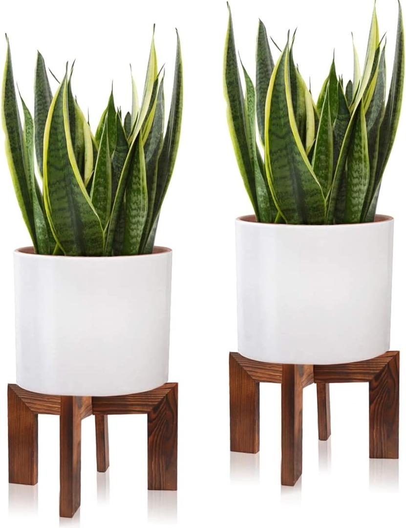 Gendral Forwepup 2 Pack Wood Plant Stand, Mid Century Modern Planter Stand Rattan Flower Pot Stand, Low Short Plant Stands Indoor - Boho Rustic Wooden Stool for Plant Pot Holder, Fit 5-15 Inch Pot