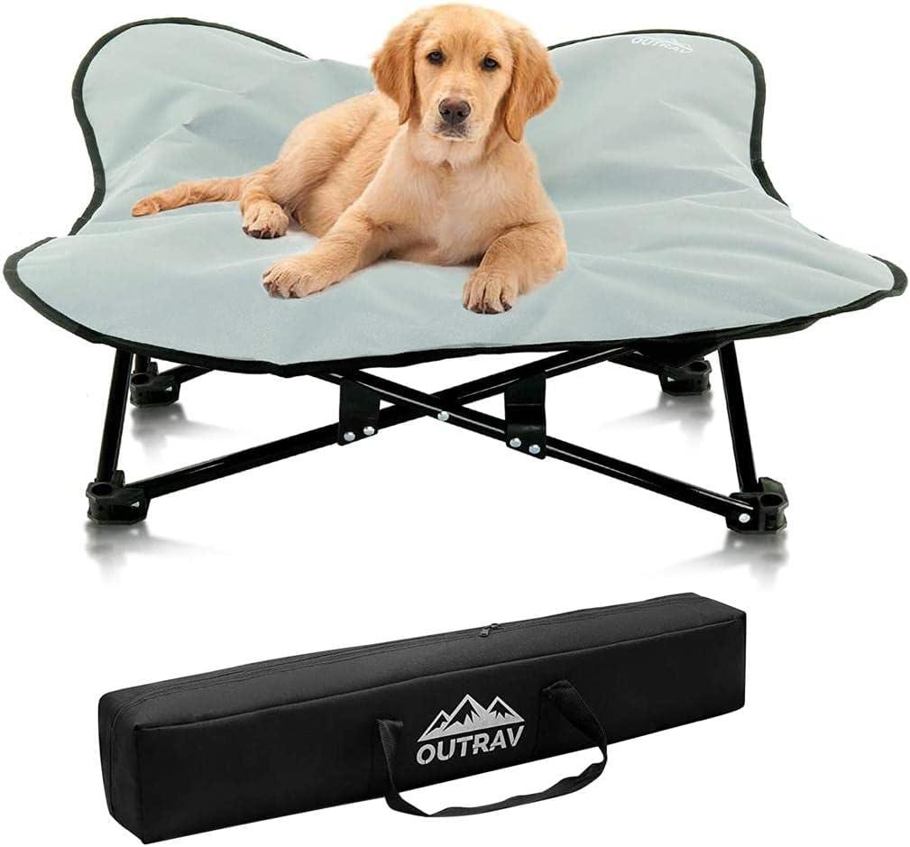 Portable Elevated Bed | Folding Pet Cot for Indoor, Outdoor, Traveling, Camping | Fold Up Steel Frame with Padded Cushion Canopy | Raised Travel Lounger for Large, Small, Dogs, Cats, up to 100 lb.