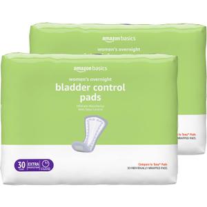 Amazon Basics Incontinence Pads for Women, Bladder Control, Postpartum, Overnight Absorbency, Unscented, 60 Count (2 Packs of 30)