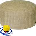 Woven Inflatable Ottoman with Air Pump D21x H10 Outdoor Indoor Pouf Patio Footrest Stool with Portable Handle, Round Ottoman for Patio Garden, Camping, Bedroom, Living Room Natural Color