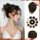 SOFEIYAN Human Hair Bun 100% Real Human Hair 16g Messy Bun Natural Tousled Fluffy Donut Updo Elegant Chignon with Elastic Rubber Band Hair Piece for Women - Dark Brown with 15% Dark Cocoa Blonde (1PCS)