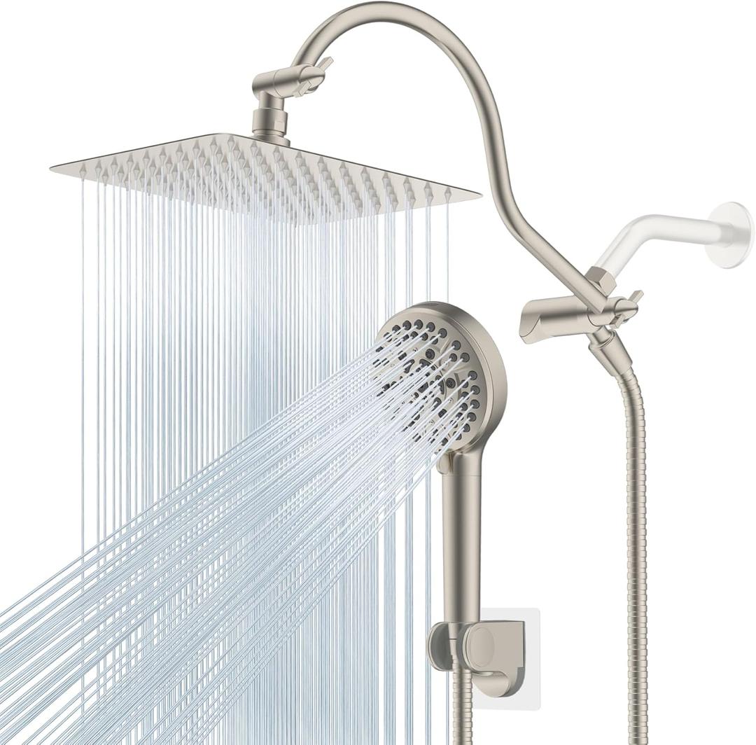 Hibbent All Metal Shower Head, 10'' High Pressure Rainfall Shower Head/Handheld Showerhead Combo/ 12'' Adjustable Curved Shower Extension Arm, 10-Spray, 71'' Hose, Showerhead Holder, Brushed Nickel