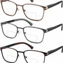 3 Pack Metal Bifocal Reading Glasses Blue Light Clear Top Spring Hinge Eyeglasses for Men Women, +2.50