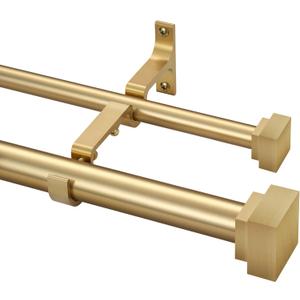 1 Inch Modern Double Window Curtain Rods,36-72 Inch Adjustable Telescoping Heavy Duty Stylish Drapery Rods Decorative Solid Square Allufer Finials for Dual Curtain Rod Window Treatment, Brushed Gold