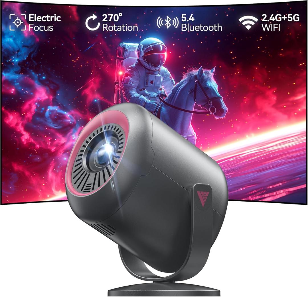 KSAN Projector with Stand, [Electric Focus] 1080P WiFi Projector with Bluetooth, Portable Movie Projector for Indoor Outdoor Use, HDMI/USB/Type C/3.5mm AV for IOS/Android/Windows/TV Stick/PS5