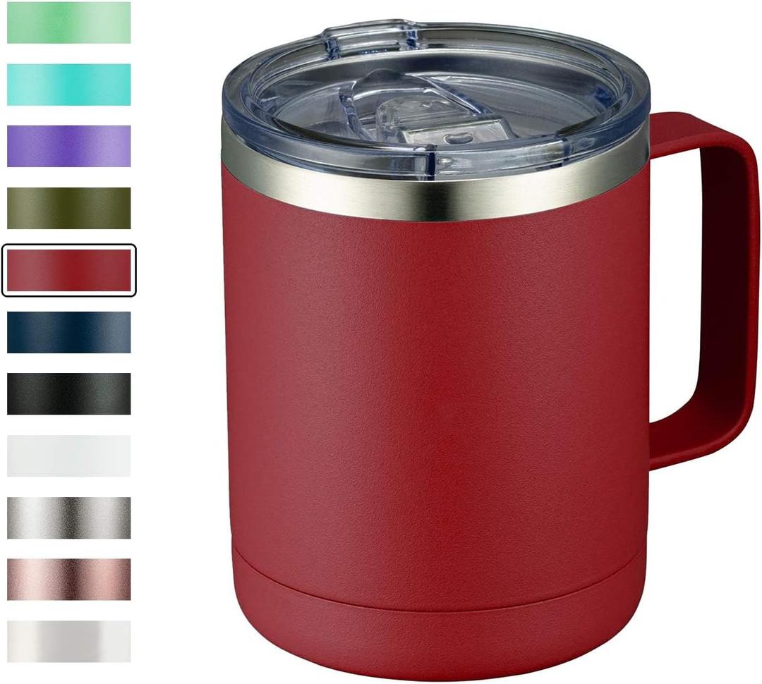 MEWAY 12oz Coffee Mug With Handle and Sliding Lid,Stainless Steel Travel Tumbler Cup with Handle,Double Wall Vacuum Insulated Camping Cup for Hot & Cold Drinks Tea (Red,Set of 1)