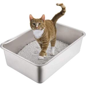 Yangbaga Stainless Steel Litter Box for Cat and Rabbit, Odor Control Litter Pan, Non Stick, Easy to Clean, Rust Proof, Large Size with High Sides and Non Slip Rubber Feets (19.8*13.8*6 inches)