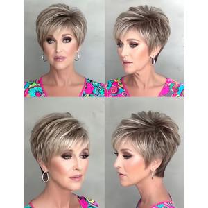 TISHINING Short Ombre Grey Pixie Cut Wigs for White Women with Bangs Synthetic Grey Blonde Wig with Dark Roots Natural Layered Short Hair Wigs for Women