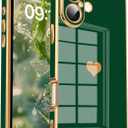 Tzomsze Compatible with iPhone 16 Case,Camera Protection Cute Heart Pattern & Electroplate Reinforced Corners Shockproof Edge Bumper Case for Women Girls-Dark Green