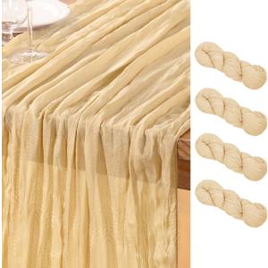 DeZerlor Champagne Gold Cheesecloth Table Runner 4 Pack Spring Easter Table Runners Boho Gauze 120 Inches Champagne Cheese Cloth Table Decor for Wedding Bridal Baby Shower Parties