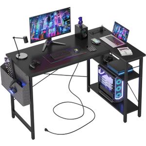 TIQLAB L Shaped Computer Desk with Power Outlets, 47 Inch Small Corner Desk with Reversible Shelves, Gaming Desk Computer Table Study Writing Table for Home Office Bedroom Small Space, Black