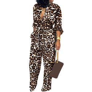 SxClub Jumpsuits for Women Formal Sexy Elegant Long Straight Pants Busineess Party Jumpsuit with Belt Pockets (Large, Leopard)