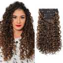 REECHO Curly Hair Extensions - 4PCS 18" GoGo Curly Clip in Hair Extensions 100% Super Protein Hairpieces with Invisible Lace Weft Silky Natural Look for Women - Chocolate Brown with Golden Highlights