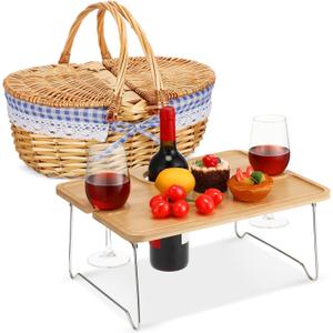 Picnic Basket with Foldable Wine Table Kit, Handmade Wicker Basket with Lid Handle Portable Bamboo Tray Table for 2 Outdoor Camping Picnic Wine Set Gift for Couples (Blue and White)