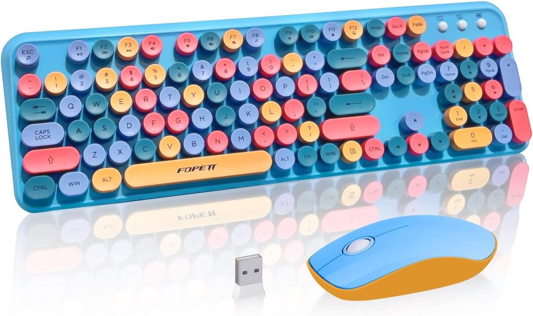 Keyboard and Mouse Wireless,Cute Retro Wireless Keyboard Mouse Combo with Round Key,2.4Ghz Dropout-Free Connection,Typewriter Wireless Keyboard Mouse Set for PC Laptop Desktop Computer-Blue Colorful (Blue Colorful Wireless Keyboard Mouse)