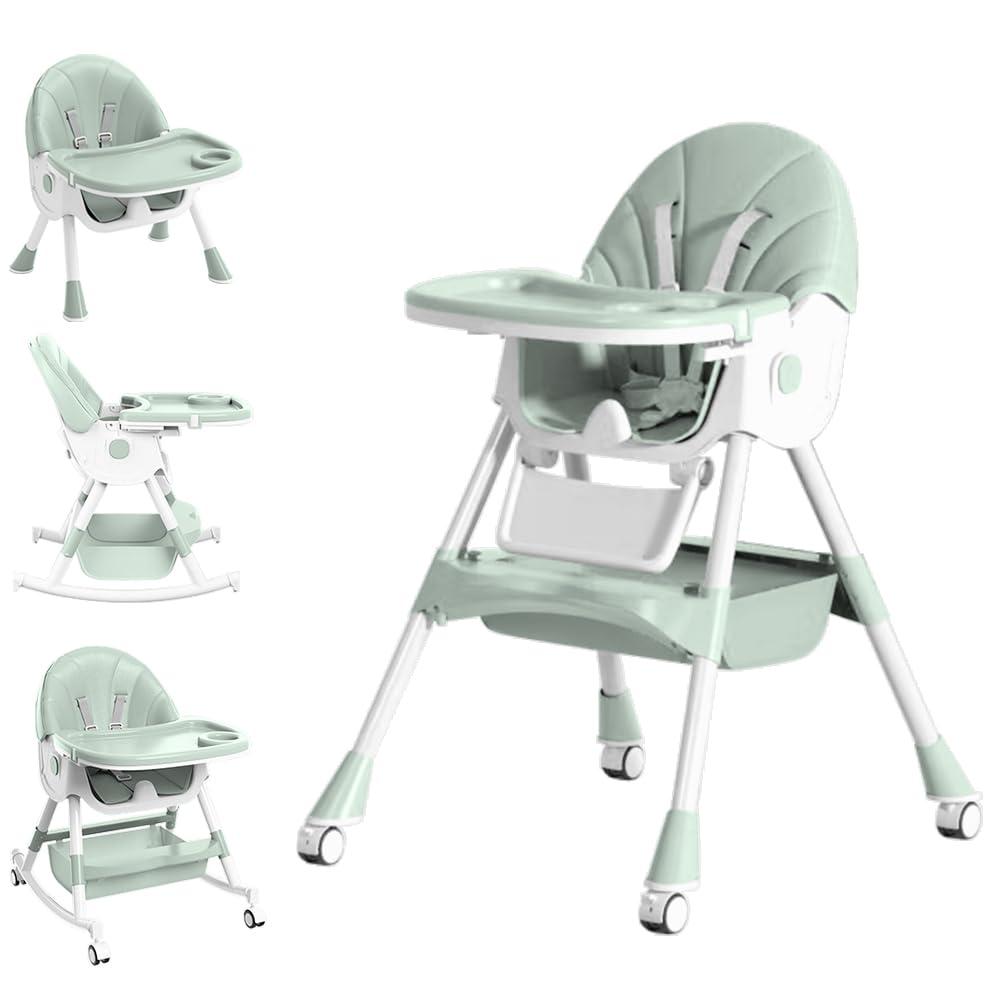 Baby High Chair, 5 in 1 High Chairs for Babies and Toddlers, Travel Foldable High Chair with Foot Rest, Detachable PU Cushion, Double Removable Tray, Adjustable Height & Recline, Locking Wheels (Turquoise)