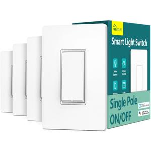 TREATLIFE Smart Light Switch Single Pole Works with Alexa, Google Home and SmartThings, 2.4GHz WiFi Timer Smart Switch, Neutral Wire Required, No Hub Required, FCC Listed, 4 Pack