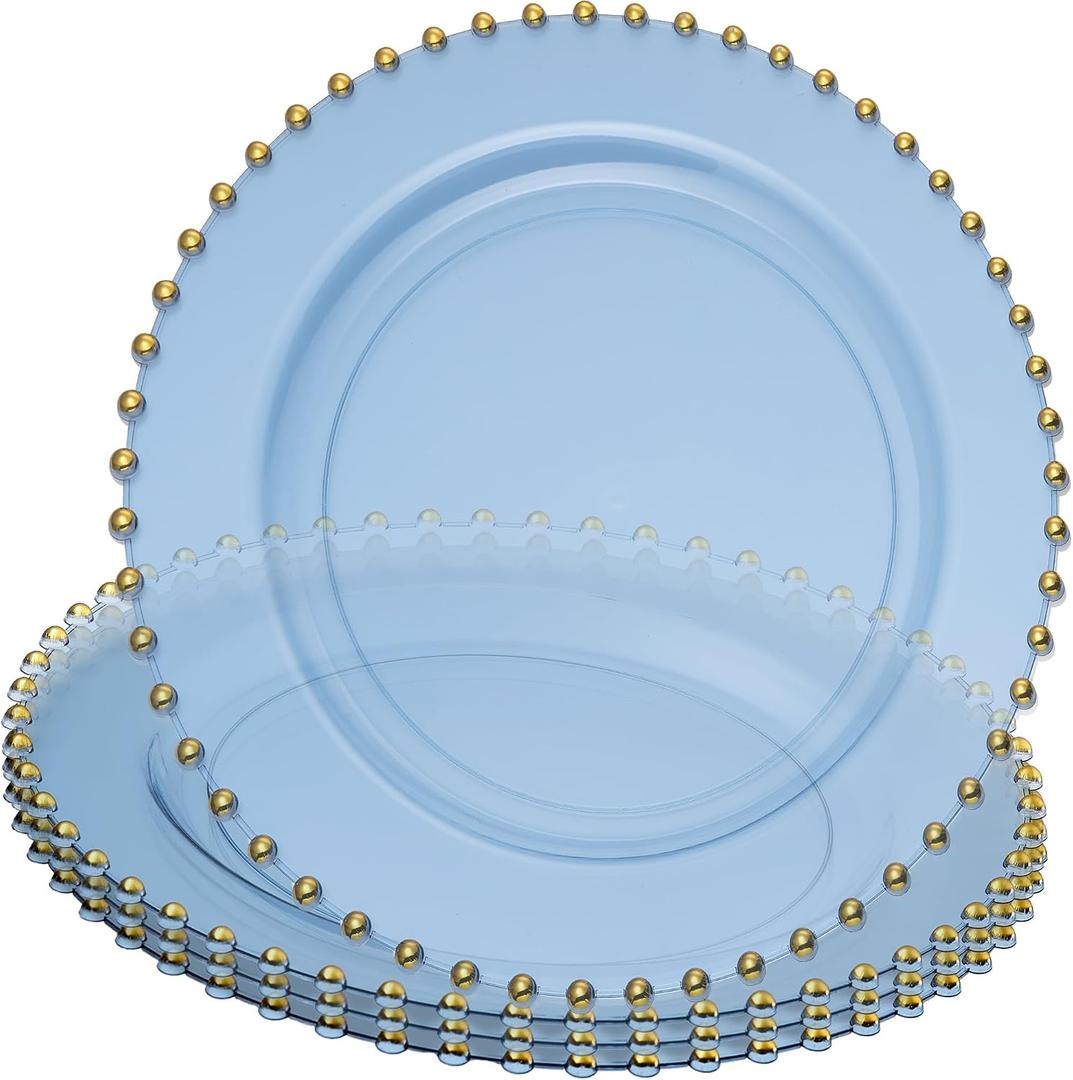 PLASTICPRO Translucent Blue with Gold Rim Plastic Charger Plates with Beaded Edge Pack of 8 13" Elegant Round Disposable Chargers for Weddings, Events, Parties, and Dinners
