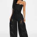Mandonce 2 Piece Sets for Women Off Shoulder Lace Tube Top and Lace Flowy Wide Leg Pants Beach Vacation Sexy Outfit Going Out (Black, XL)