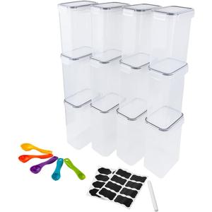 Ceybo Set of 12 Airtight Pantry Storage Containers with Snap Lids, Includes 16 Labels, 1 Marker and a Set of Measuring Spoons for Kitchen Organization (Black)
