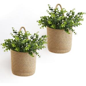 Dahey 2 Pack Wall Hanging Rope Basket (6.5"W7"H) with Artificial Eucalyptus, Jute Woven Storage Organizer Flower Plants Basket Farmhouse Rustic Wall Decor for Porch Living Room Bedroom Entryway,Brown