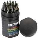 Spectral 29 Piece Stepped Point HSS Drill Bit Set, 1/16"- 1/2", Round Case, 135 Step Point Split Point Tip, M2 Steel, 3-Flat Shank, Multi-Color Finish