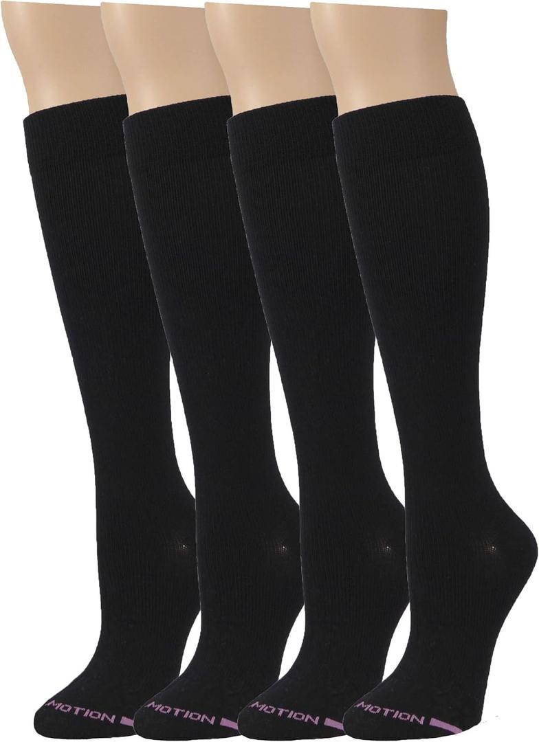 4 Pairs Dr. Motion Graduated Compression Knee-hi Women's Socks (Black, Shoe Sizes 4-10)