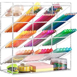 BEYGORM Acrylic Vertical Marker Organizer for 150 Markers with 13 Compartments, Clear Angled Pen & Pencil Holder, Large Desk Stationery & Art Supply Storage for Office & School (10.2 x 9.8 x 4 Inch)