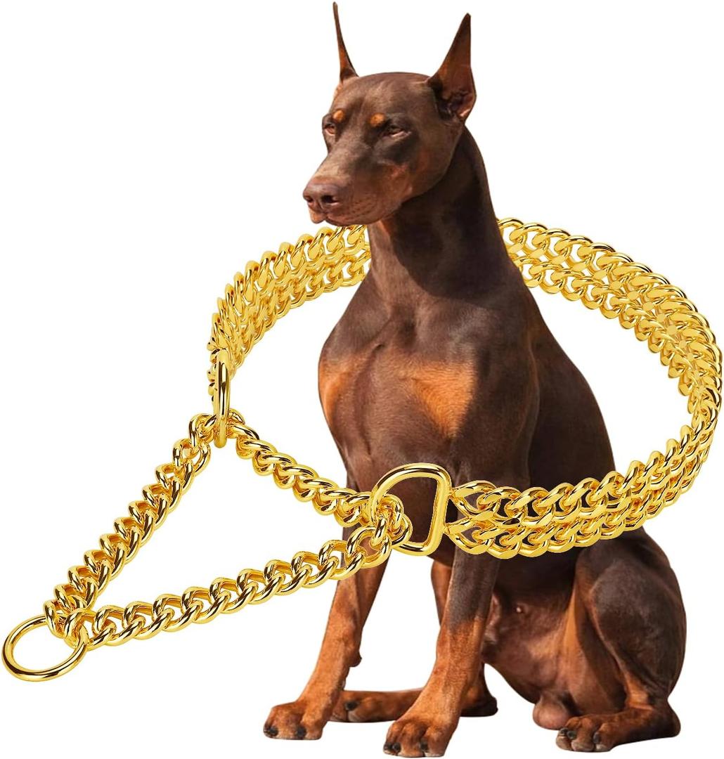 Gold Dog Collar Chain Stainless Steel 19K Gold Dog Collar Adjustable Walking, Metal Cuban Link Dog Collar Chew Proof Double Row Chain Dog Collar for Dogs (M 16" -20")