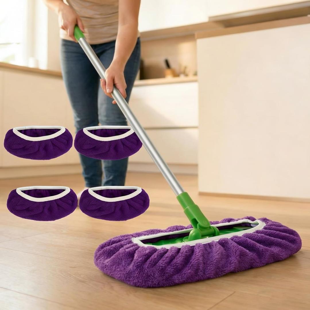 4 x 4Pcs Reusable Chenille Mop Pads with Dry Sweeping Cloths for Surface/Hardwood Floor Cleaning Purple (Mop is not Included)