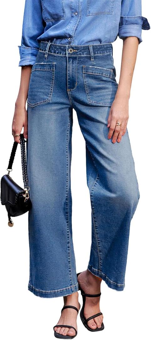 Sidefeel Women's Wide Leg Jeans High Waisted Stretchy Jeans Straight Leg Loose Fit Zimbaplatinum Ankle Denim Pants (10)