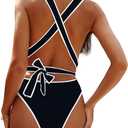 Lilosy Sexy Tie Criss Cross Plunge One Piece Thong Swimsuit High Cut Brazilian Bathing Suit (Black, XS)