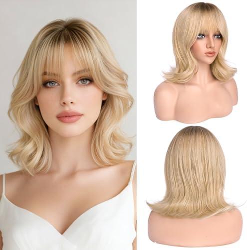 Haloo Blonde Short Bob Wigs with Bangs Shoulder Length Wavy Layered Flipped Ends Natural Looking Medium Synthetic Hair Wig for Women Daily Party, 14 Inch Ombre Blonde