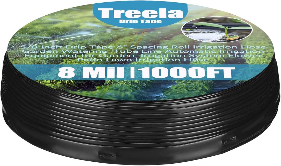 Treela 1000ft 5/8 Inch Drip Tape 6" Spacing Roll 8 Mil Irrigation Hose Garden Watering Tube Line Automatic Equipment for Garden Irrigation System Flower Patio Lawn Hose