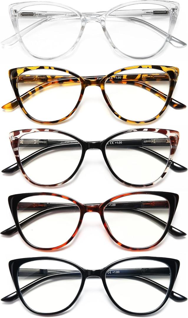 EYEURL 5 Pack Reading Glasses for Women-Cat Eye Blue Light Blocking Readers Fashion Computer Glasses with Spring Hinge Anti-Glare Readers for Women +1.5