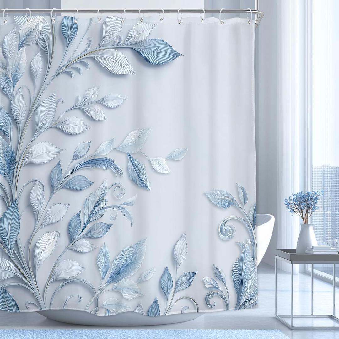 Blue Leaves Shower Curtain Abstract Leaf Rustic 60Wx72H Inch Decor