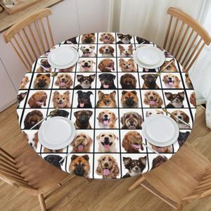 Cute Dogs Print Tablecloth with Elastic Edge, Round Table Cover Washable Reusable Table Cloths for Kitchen Dining Party, Small (Fits 40-44 in)