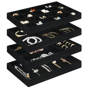 Jenseits 4 Stackable Jewelry Trays Organizer Set for Drawers, Jewellery Drawer Insert Divider Jewel Display Storage with Removable Dividers for Earring Necklace Rings Bracelet, Black