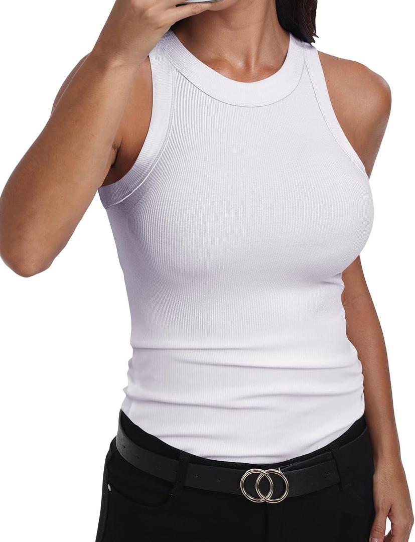 GEMBERA Womens Sleeveless Racerback High Neck Casual Basic Cotton Ribbed Fitted Tank Top (White, XL)