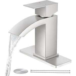 CREA Waterfall Bathroom Faucet 1 Hole Single Handle Brushed Nickel Stainless Steel Modern Basin Mixer Tap 3 Hole Deck Plate RV Vanity(Pop Up Drain/cUPC Supply Line)
