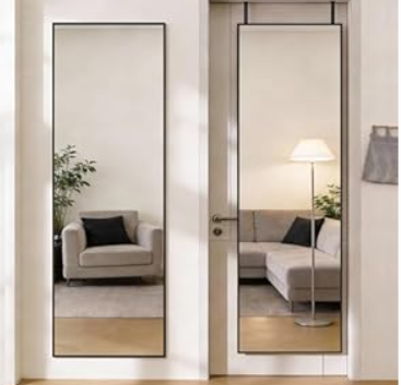 DUMOS 47x14 Full Length Mirror Over the Door, Wall Mounted Full Body Mirror, Door Hanging Metal Aluminum Alloy Frame Dressing Mirror for Bedroom, Living Room, Entryway, Black