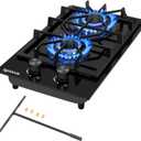 Gas Cooktop 2 Burner,12000W Built-in Gas Stove, Black Crystal Tempered Glass Propane Cooktop, 20.08x12.2" Top Propane Stove Indoor LPG/NG Dual Fuel Hob for Apartment Kitchen RV