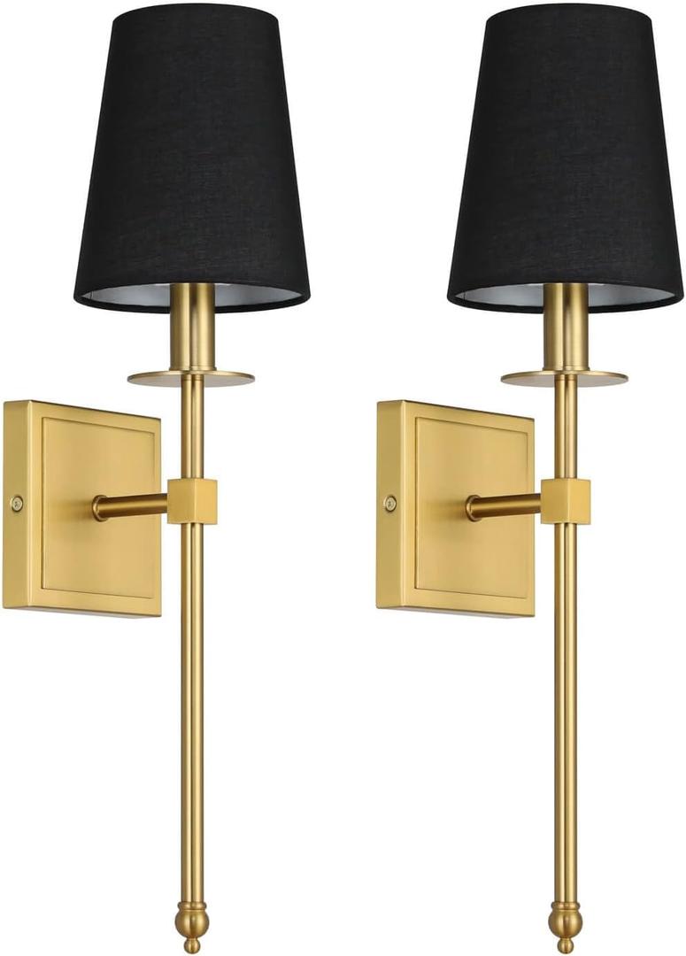 XiNBEi Lighting Wall Sconces Set of 2, Hardwired Brushed Brass Sconce Lighting with Black Fabric Shade Modern Wall Mount Light Fixture for Bathroom Bedroom Living Room Hallway XB-W1307-BS