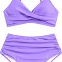 ZAFUL Women High Waisted Bikini Sets Two Piece Swimsuit Push Up Twist Front Ruched Bathing Suit (Purple, M)