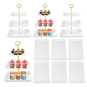 DIDROOM 10 Pack Dessert Table Display Set - 4 x Three-Tier Square Cupcake Stands and 6 x Serving Trays, Elegant Tableware for Cakes, Cupcakes, Pastries, and Snacks, Perfect for Parties (White)